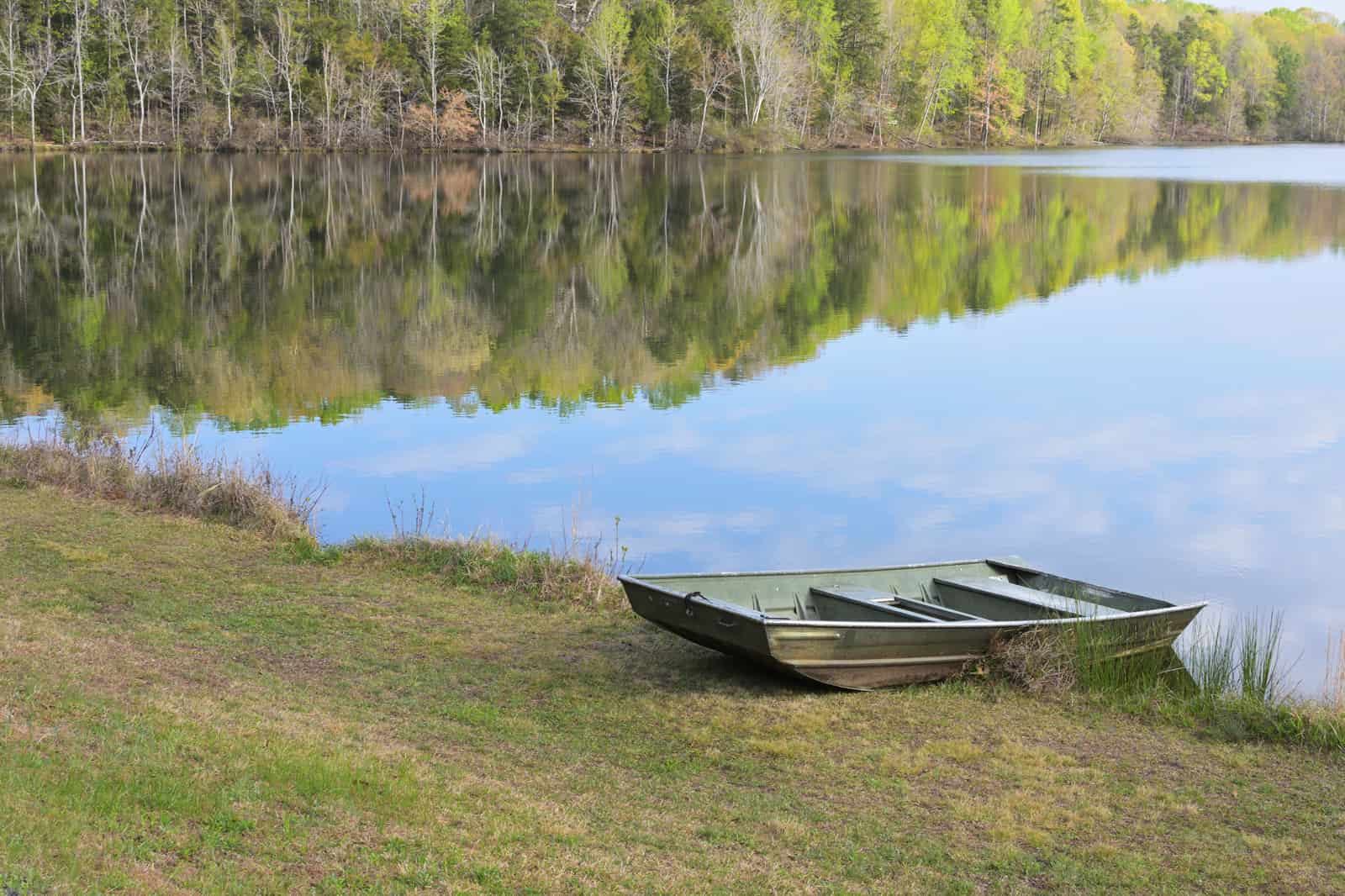 Flat-bottom aluminum boat pulled up on a grassy lakeshore