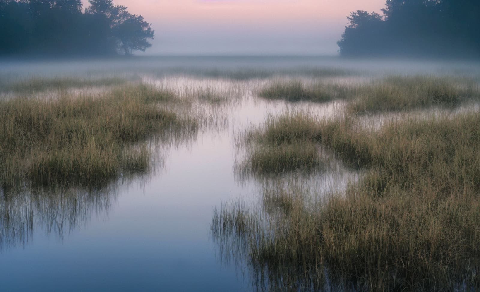 Misty marsh channel winding through wetland grass at sunrise