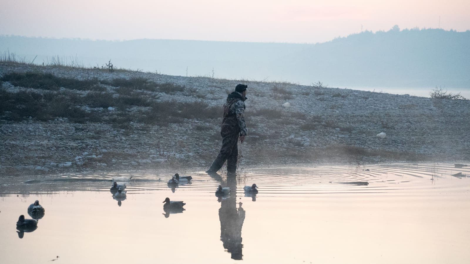 Person in camouflage waders walking through a spread of duck decoys at misty dawn
